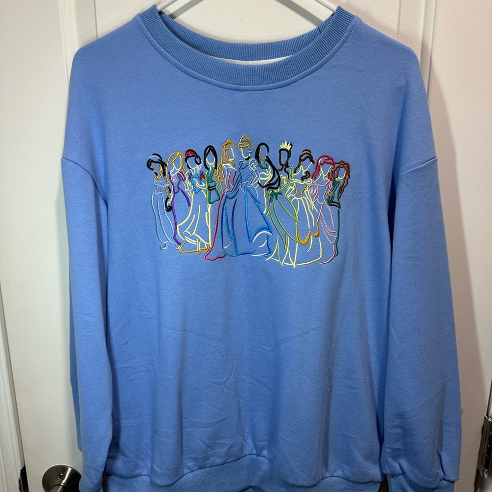 Blue Crewneck Sweatshirt with Embroidered Princesses